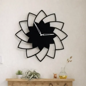 Black MDF wood multi-layer geometric floral wall clock with open overlapping petal design