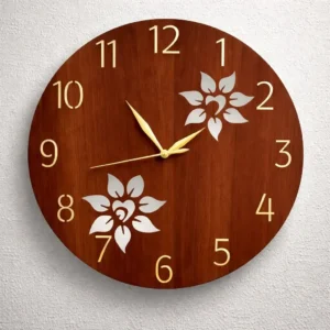Round brown wooden wall clock with two matte silver floral leaf motifs