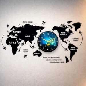 Black wooden world map wall clock featuring continent and ocean labels and airplane route icons