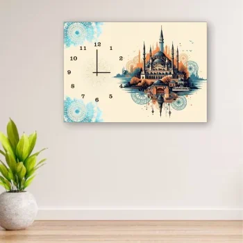 Rectangular canvas wall clock featuring an abstract art of Sultan Ahmed Mosque with blue mandala accents.